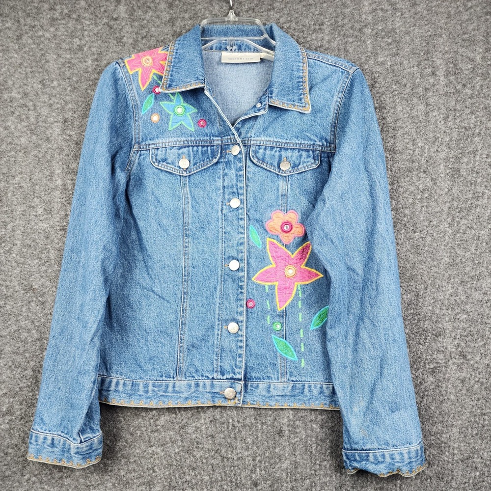 Susan Bristol Denim Jacket Womens Medium Blue Floral Embroidered Mirror Boho